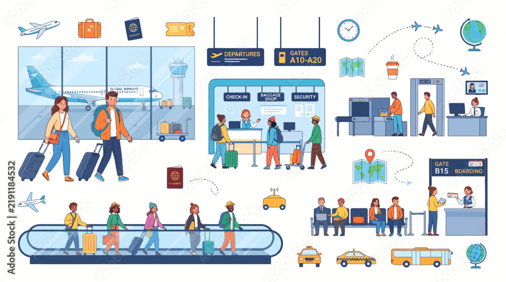 Fototapeta premium Comprehensive Airport Travel Concept Vector Illustration Set Featuring Passengers, Terminal Services, Security Checks, and Ground Transportation