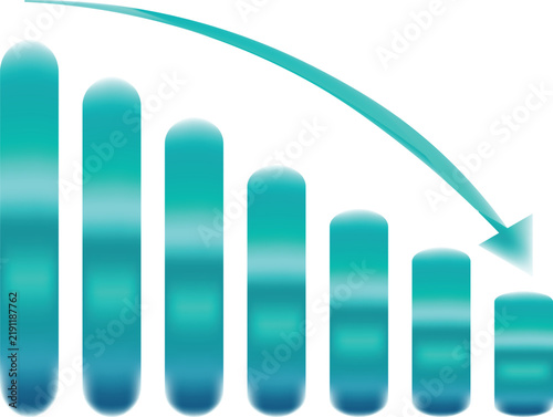 Falling bar graph with downward arrow on white background representing financial decline during economic recession