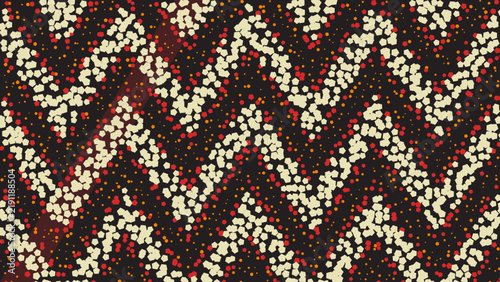 Zigzag pattern of cream and red pentagon-shaped dots on a dark background, creating a sharp geometric texture with a rhythmic repeating style
