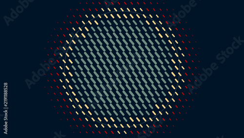 Abstract background, featuring a circular, pattern of small, dashes in yellow, and teal colors, on a dark, blue backdrop with, red accents