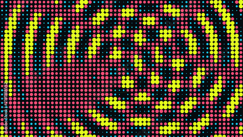 Abstract background, with a circular, ripple effect of, small dots in, vibrant yellow, pink, and blue colors, on a dark, navy blue surface
