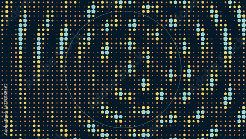 Abstract background, with a dark, blue field featuring, a grid of, small yellow and, light blue pentagons, and a large, thin circular outline overlay