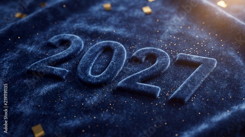 2027 New Year typography. Dark blue velvet fabric background. Embossed numerals with gold confetti glitter. Festive celebration concept photo for holiday greeting cards and banners