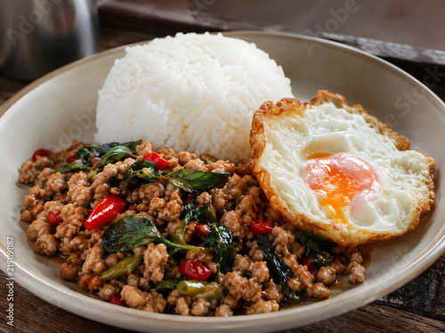 Thai pad kra pao with rice and fried egg