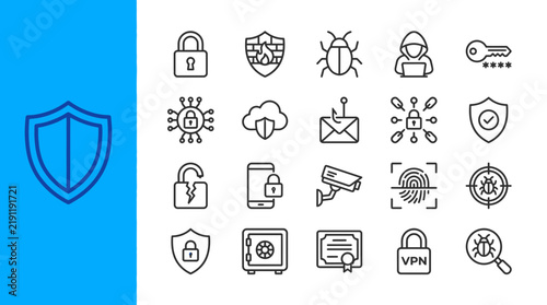 Set of cybersecurity and data protection line art icons featuring digital security symbols