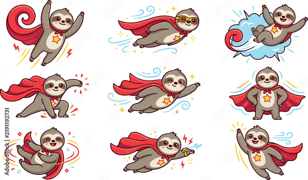Fototapeta premium Cute cartoon superhero sloth vector illustration set featuring funny animal characters flying with red cape and mask isolated on white background