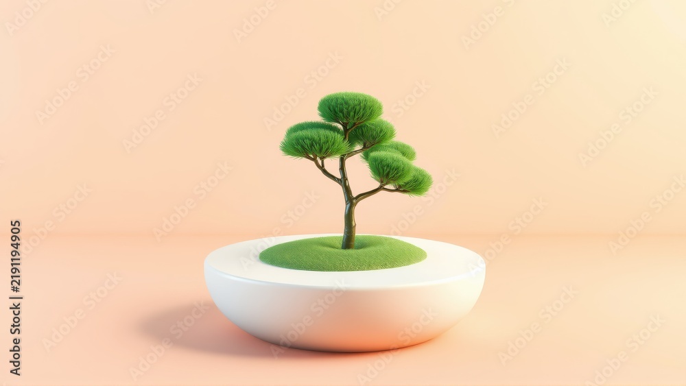 Obraz premium Minimalist bonsai tree sits atop white base. Soft lighting creates gentle shadows, warm peach background. Simple, serene composition.