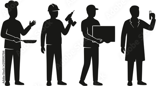 Set of essential worker profession silhouettes including chef, construction, courier, and scientist