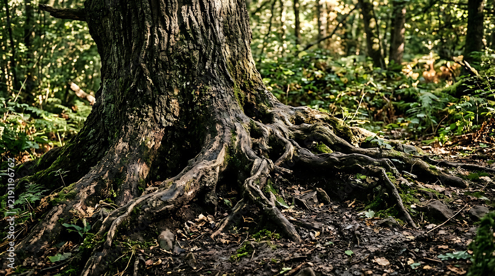 Obraz premium Exposed tree roots at the base of an ancient trunk in a dense forest