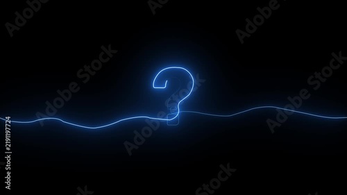 Glowing blue neon question mark symbol with a wavy line on a dark black background