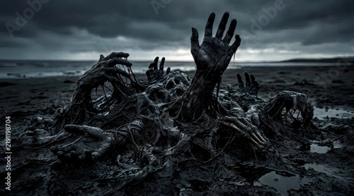 Dark Slime Hands Emerging On Desolate Shore