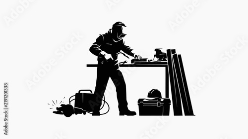 Black silhouette of a welder wearing a protective mask working on a metal project at a workbench with tools on white