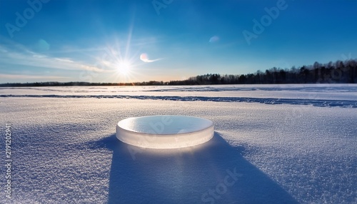 Smooth Polished Ice Disc Resting On Snowy Surface