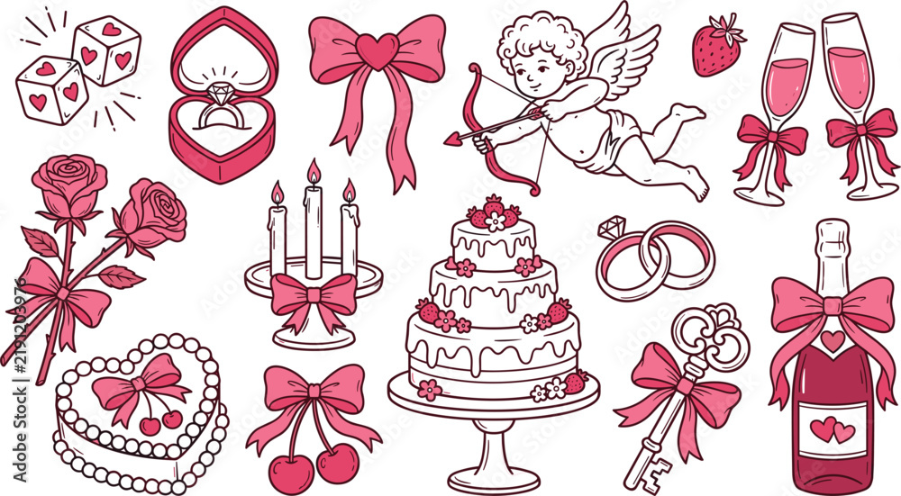 Fototapeta premium Wedding elements and romantic anniversary celebration sticker pack featuring cute cupid angel wedding cake rings roses champagne bottle bow graphics