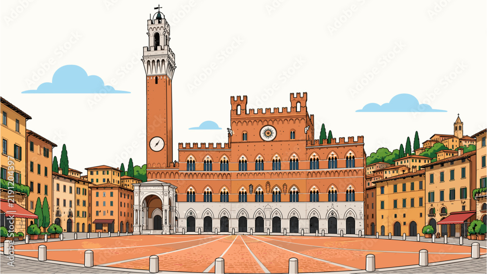 Obraz premium Piazza del Campo and Palazzo Pubblico in Siena Tuscany vector illustration