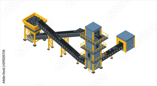 Industrial Conveyor Belt System with Hoppers and Towers.