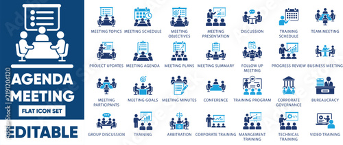 Agenda meeting and schedule icon set. featuring meeting schedule, presentation, minutes, discussion, and corporate training symbols.