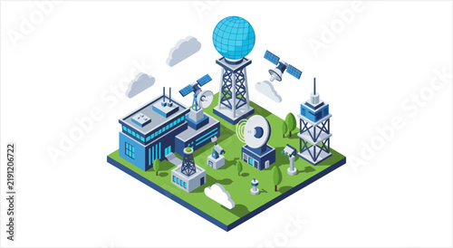 Isometric illustration of advanced meteorological research station with advanced technology.