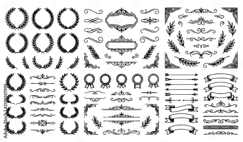 Fototapeta premium 260 Vintage Decorative Line Elements Wreath Frames Swirls and Laurel Vector Set
