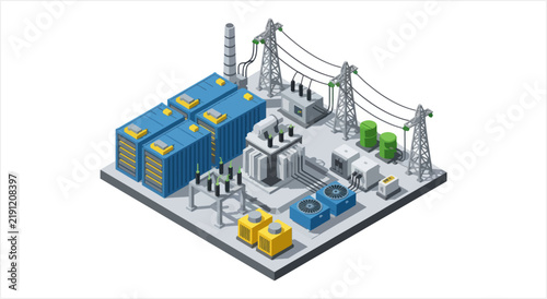 Isometric Power Station with Transformers and Electrical Equipment.