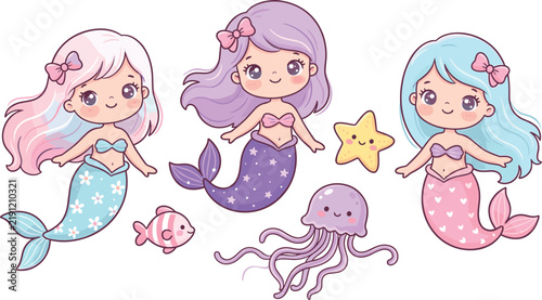 Cute Kawaii Mermaid Clipart Set with Magical Sea Creatures Including Starfish Jellyfish and Pink Fish Vector Elements for Under the Sea Nursery Decor