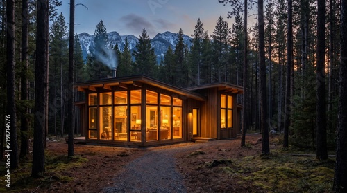 Modern glass cabin in pine forest at dusk, cozy illuminated mountain retreat, luxury wooden lodge with glowing windows and smoking chimney