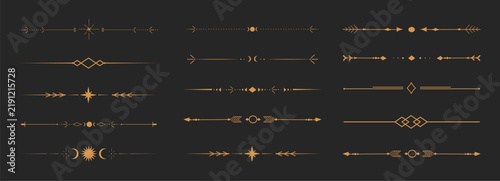 Celestial set golden dividers with stars and moons create elegant borders for spiritual designs and esoteric tarot layouts with celestial charm. Elegance boho designs with celestial decoration