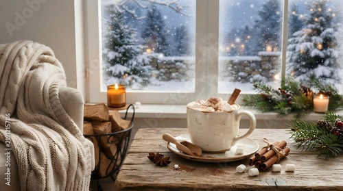 Cozy Winter Hot Chocolate with Snowy Window and Copy Space.