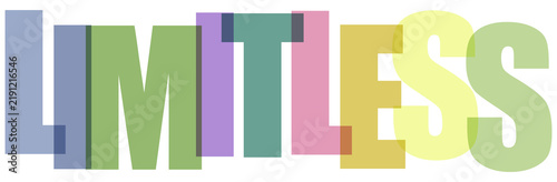 The word limitless written in bold sans serif font with overlapping colorful transparent letters isolated on  transparent background