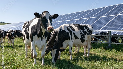 The Cows in a Solar Farm Pasture Bathed in Sunlight