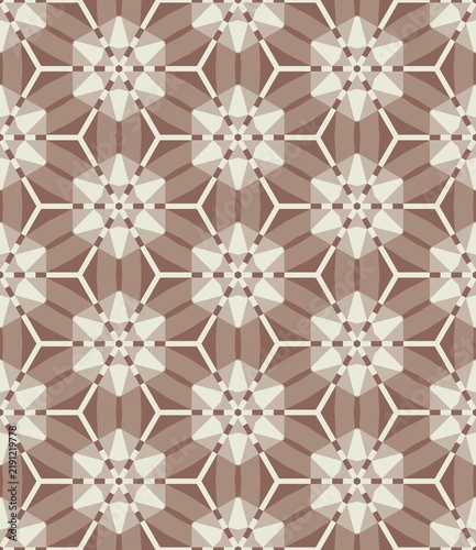 Geometric pattern with hexagonal and star-shaped motifs. Soft beige and brown tones create a harmonious design. Repeating elements form a seamless, symmetrical layout. Suitable for backgrounds