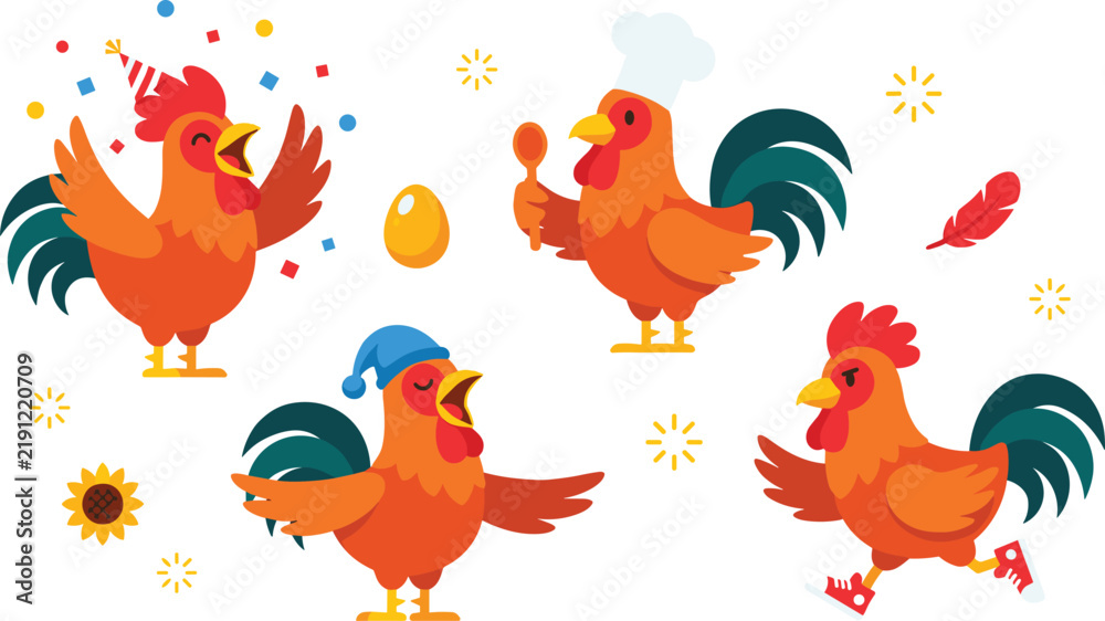 Obraz premium Cute Rooster Cartoon Character Set Celebrating, Cooking with Chef Hat, Wearing Sleepcap, Running in Boots, and Golden Egg Flat Vector Illustration