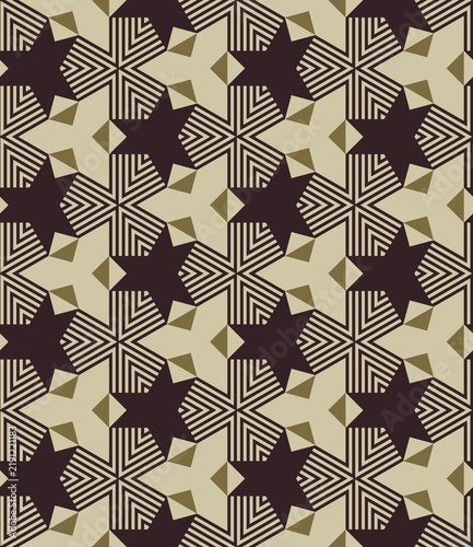 Geometric pattern with star shapes and triangles. Dark stars contrast against light background. Interlocking shapes create a repeating design. Symmetrical layout adds visual harmony