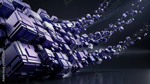 Obraz na płótnie Abstract purple cubic modules exploding along wave trajectory lines 3D render