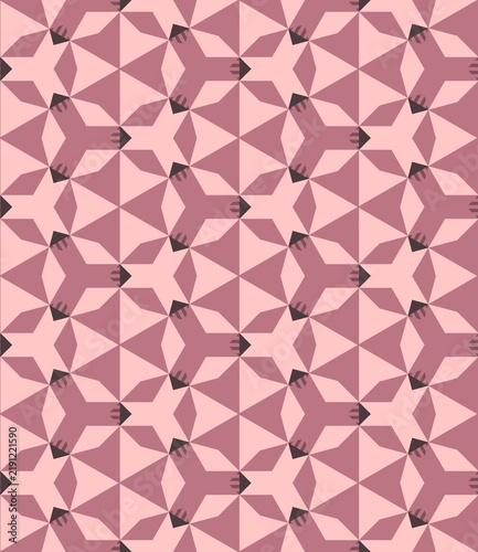 Abstract geometric pattern with pink and dark triangular shapes. Symmetrical design repeats across a seamless surface. Minimalist aesthetic features sharp angles and soft tones
