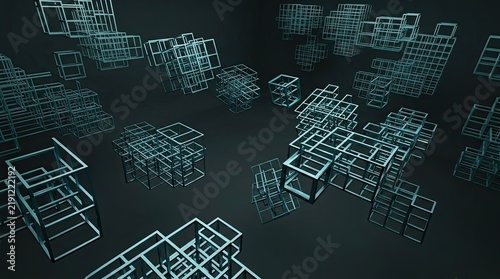 Obraz na płótnie Abstract blue metallic cubic grid modules floating on dark background 3D render