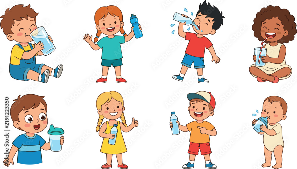Fototapeta premium Diverse Cute Kids and Toddlers Drinking Clean Water Vector Set for Healthy Habit Campaigns Preschool Nutrition Education and Wellness Graphics