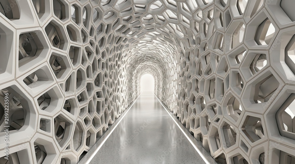 Fototapeta premium Futuristic white voronoi cellular patterned tunnel corridor interior 3D render