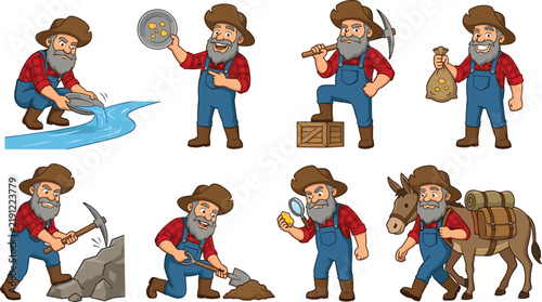 Foto Gold Prospector Miner Cartoon Character Set Panning Gold Mining with Pickaxe Dig