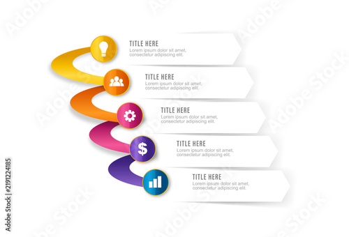 Creative 5 options vertical spiral path process diagram infographic with white icons vector