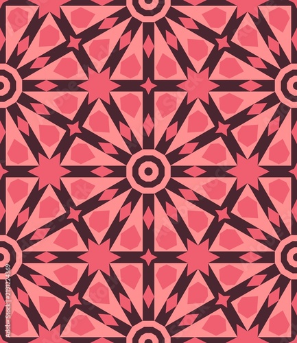 Geometric pattern features repeating starburst and circular motifs. Pink and dark tones create bold, symmetrical visual design. Pattern tiles seamlessly connect in a seamless, repeating structure