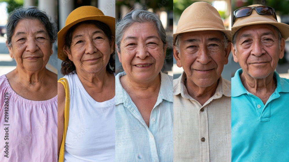 Obraz premium The Five Elderly Friends Portraits in Casual Daylight Attire and Warm Smiles