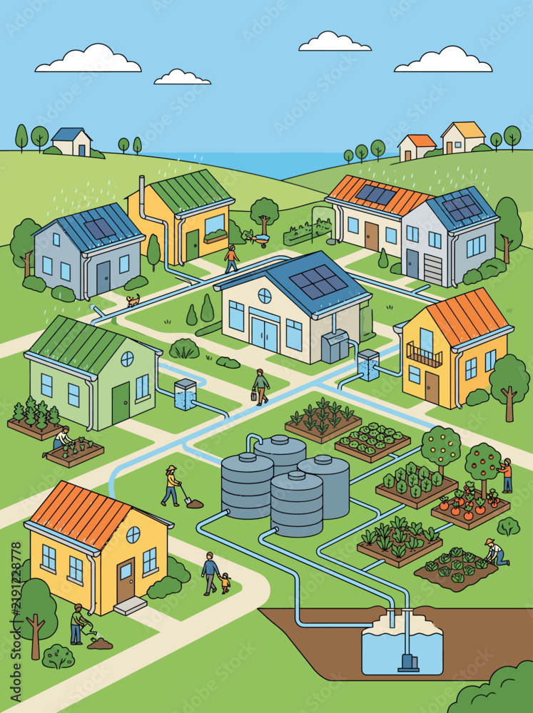 Fototapeta premium Flat vector isometric diagram of an eco-village with rooftop rainwater harvesting, central storage tanks, rooftop solar, and gardens.