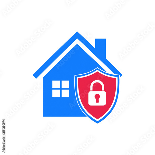 Home security icon featuring house with protective shield, padlock safety, safe property vector illustration for real estate security
