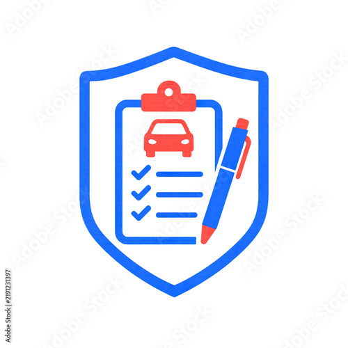 Car inspection checklist icon featuring shield, vehicle evaluation form, pen vector graphic art for auto insurance service