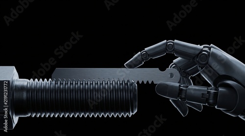 dark silhouette of humanoid robot checking screw pitch gauge leaf on bolt thread profile for precision metrology on seamless pitch black background with dramatic low key overhead rim lighting