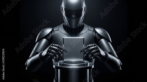 dark silhouette of humanoid robot lowering gate valve blade into vacuum slit chamber for cleanroom semiconductor manufacturing on seamless pitch black background with overhead studio rim lighting
