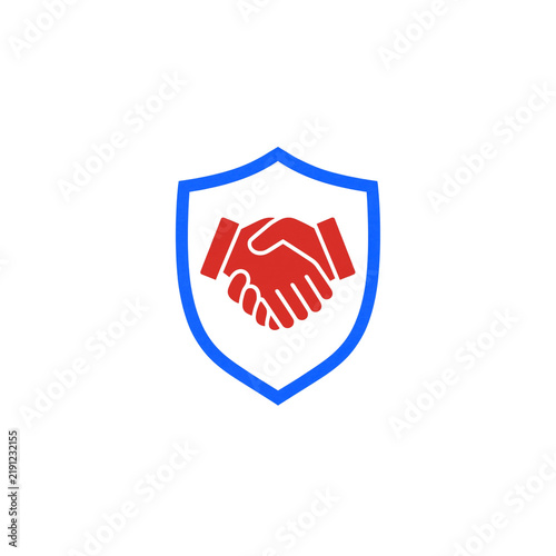 Business handshake deal icon featuring agreement hands inside shield, partner trust symbol, auto loan contract vector illustration