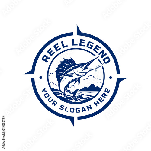Blue sailfish emblem logo design for fishing apparel featuring a nautical compass frame