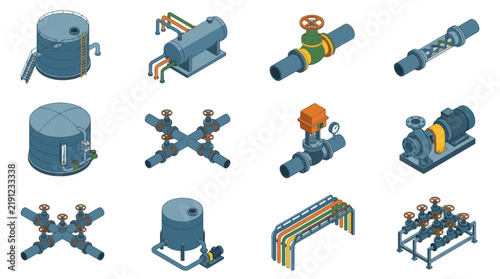 Elegant Isometric Collection of Industrial Plumbing and Pipeline Equipment in Blue Orange and Green